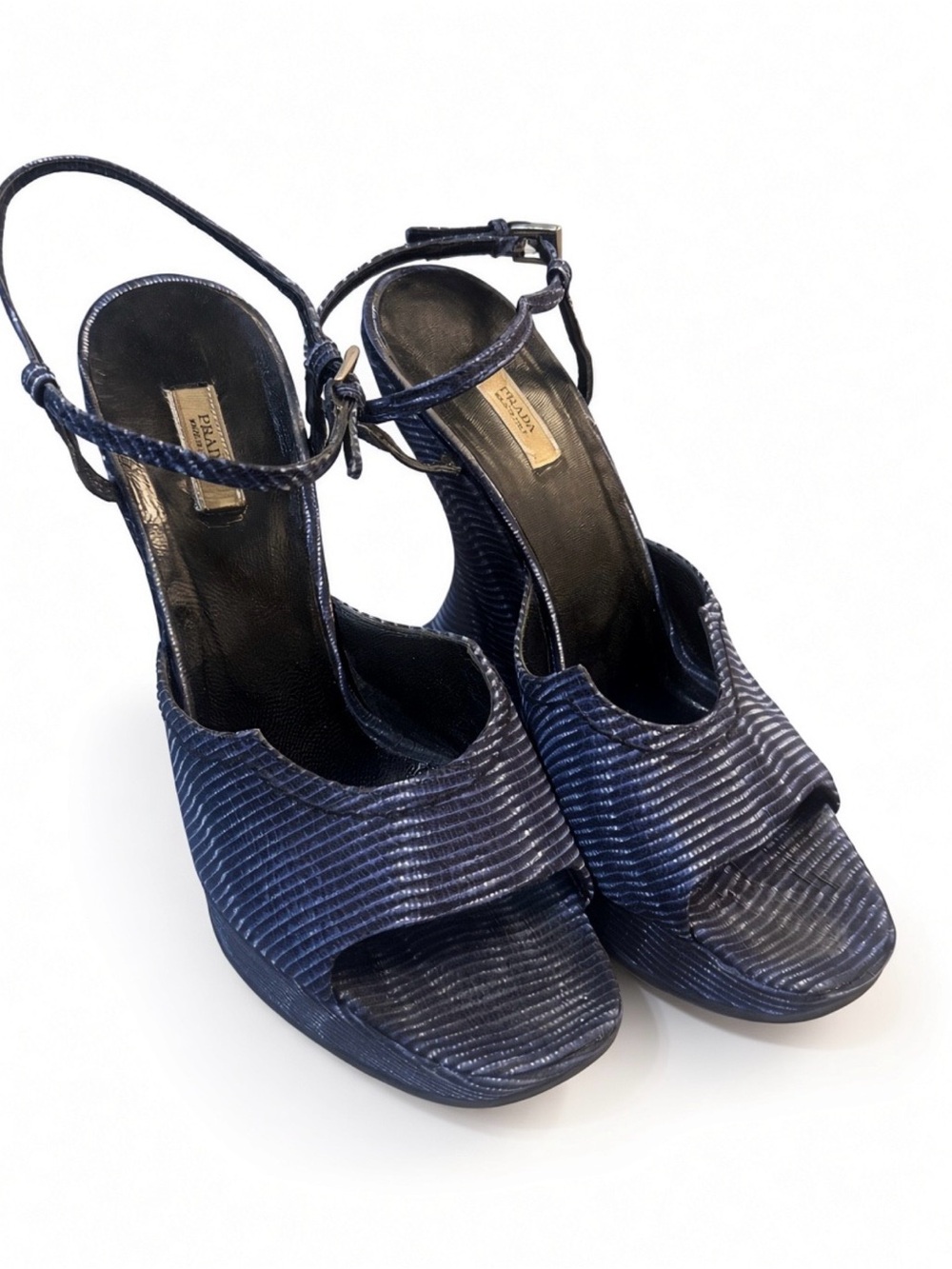 Prada Vintage 2004 Fall Runway Blue Wavy Striped Platform Wedge Sandals